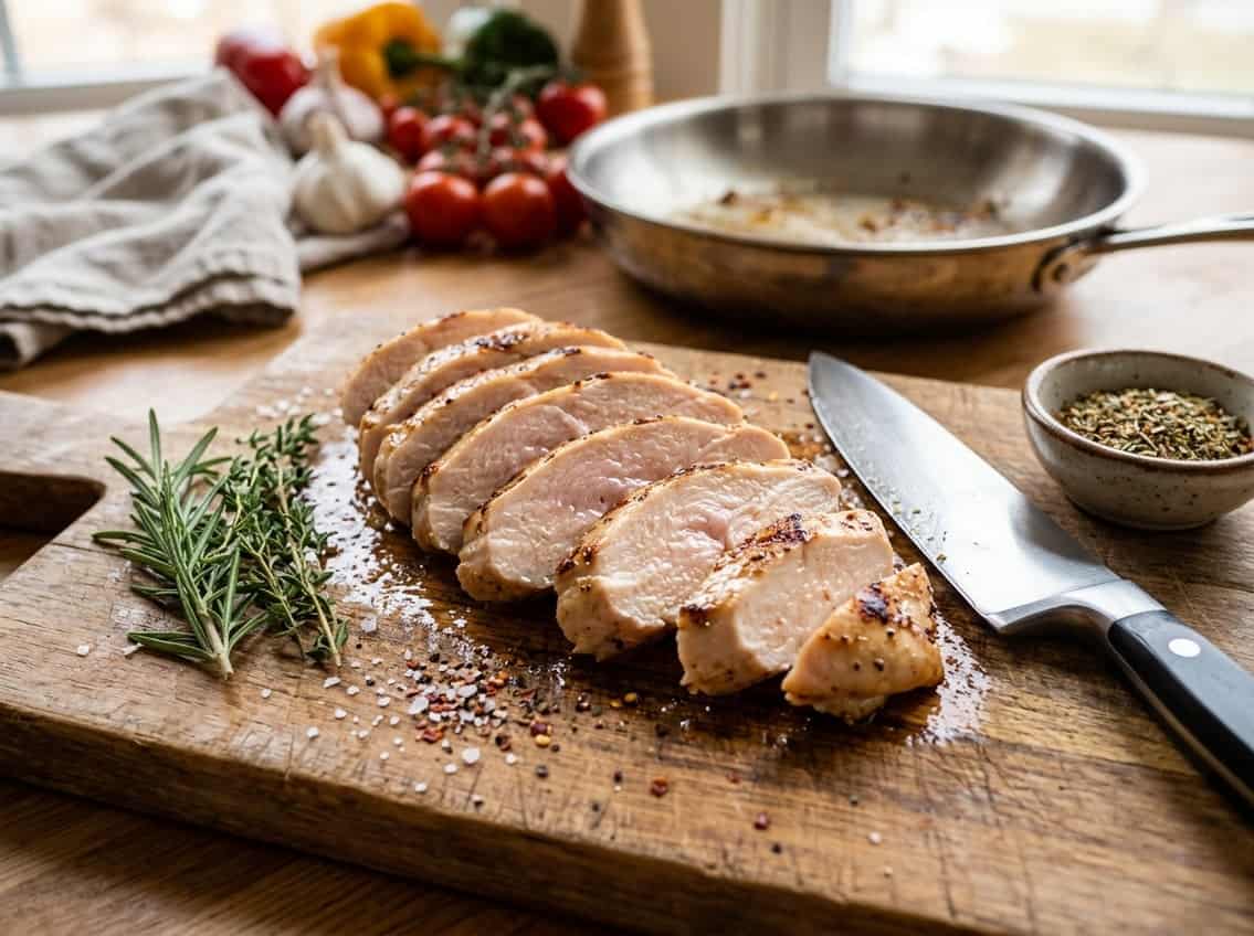 Close-up of sliced cooked chicken breast on a cutting board with fresh herbs and a knife nearby.