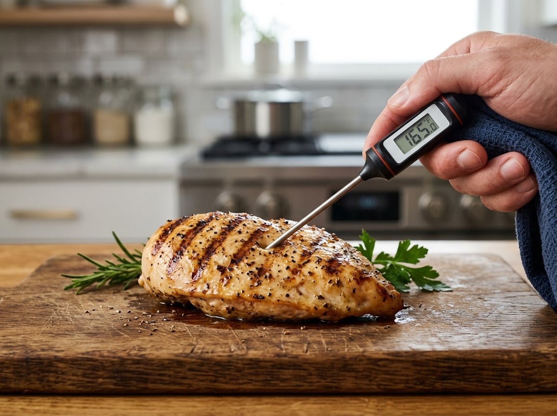 Close-up of a cooked chicken breast being checked for doneness with a digital meat thermometer on a wooden cutting board.