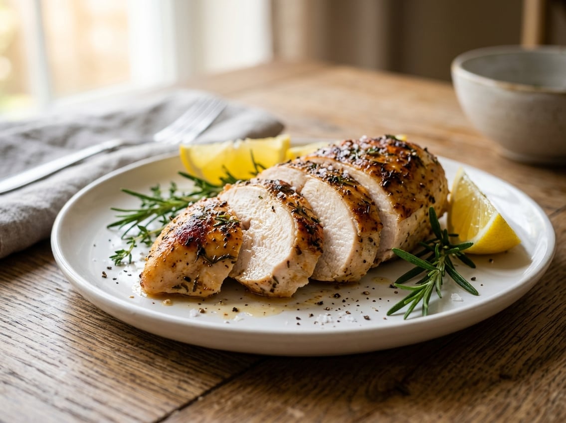 A sliced cooked chicken breast on a white plate garnished with fresh herbs and lemon wedges on a wooden table.