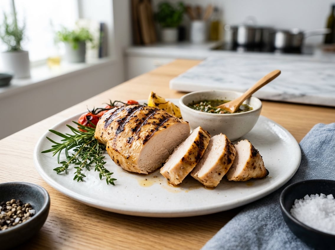 A sliced, perfectly cooked chicken breast on a white plate with fresh herbs and a small bowl of sauce on a bright kitchen countertop.