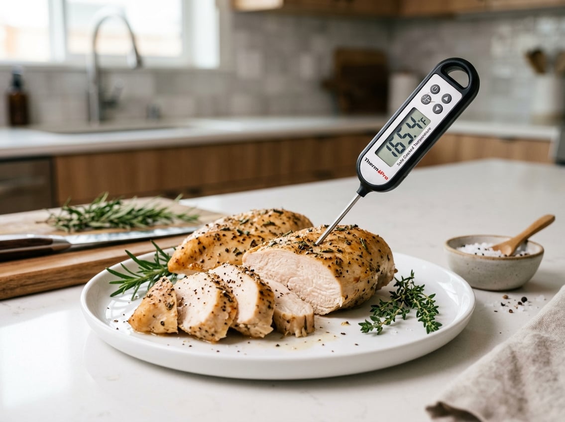 A sliced cooked chicken breast with a digital thermometer inserted, placed on a white plate with fresh herbs on a kitchen countertop.