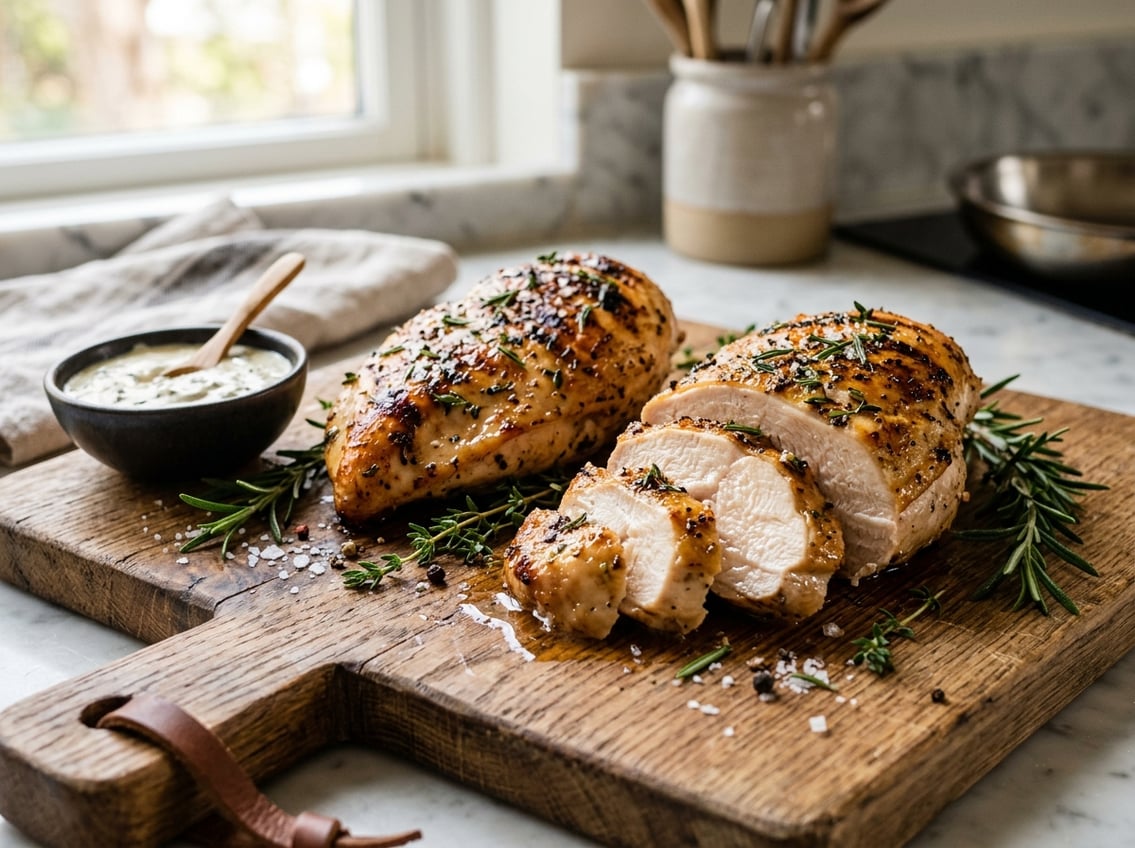 Close-up of sliced, juicy cooked chicken breasts on a cutting board with fresh herbs and sauce in a kitchen setting.