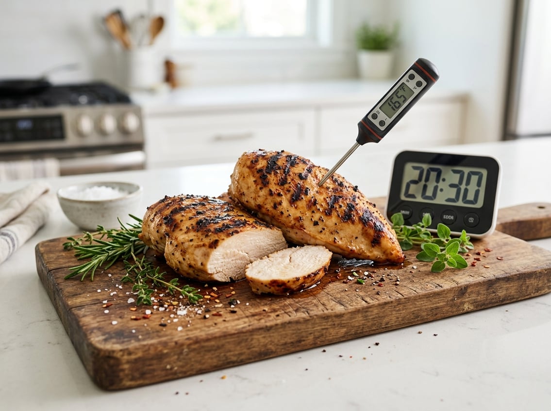Close-up of cooked chicken breasts on a wooden cutting board with herbs, a kitchen timer, and a meat thermometer in a kitchen setting.