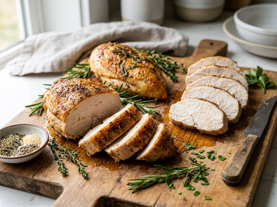 Close-up of sliced cooked chicken breasts on a wooden cutting board with herbs and seasoning nearby.