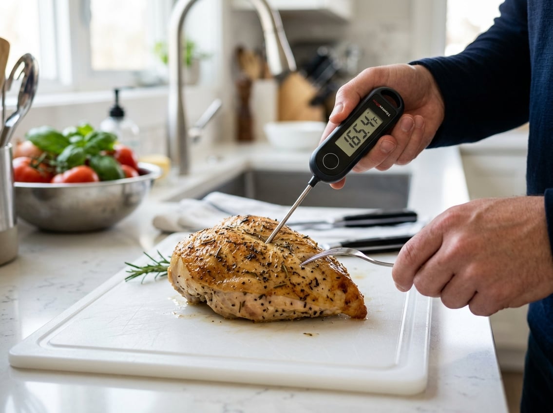 Person checking the temperature of a cooked chicken breast with a meat thermometer on a cutting board.