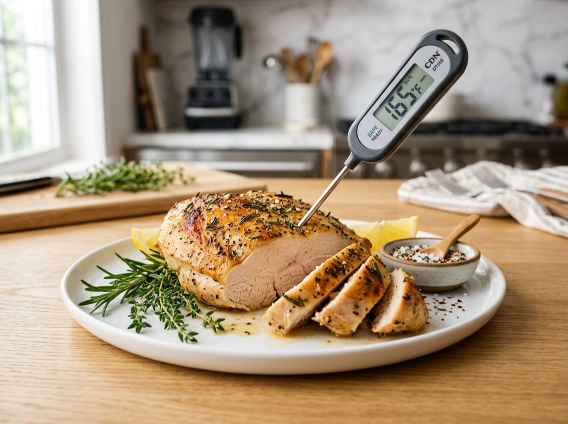A sliced cooked chicken breast with a digital meat thermometer inserted, placed on a white plate with fresh herbs on a kitchen countertop.