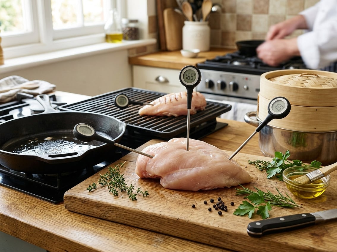 Close-up of a raw chicken breast on a cutting board with a cooking thermometer inserted, surrounded by kitchen tools representing frying, grilling, and steaming methods.