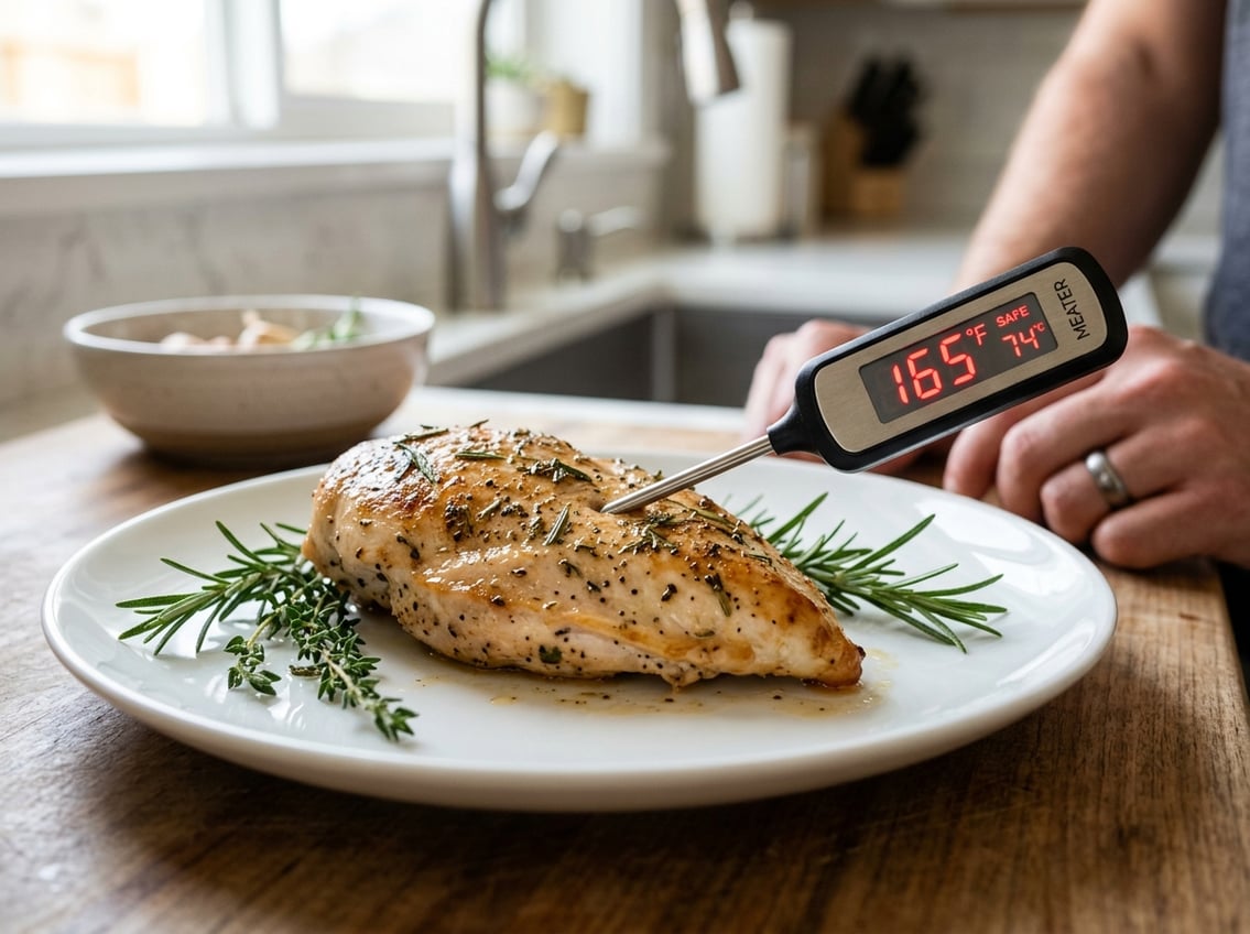 A cooked chicken breast on a white plate with a digital meat thermometer inserted, surrounded by fresh herbs in a kitchen setting.