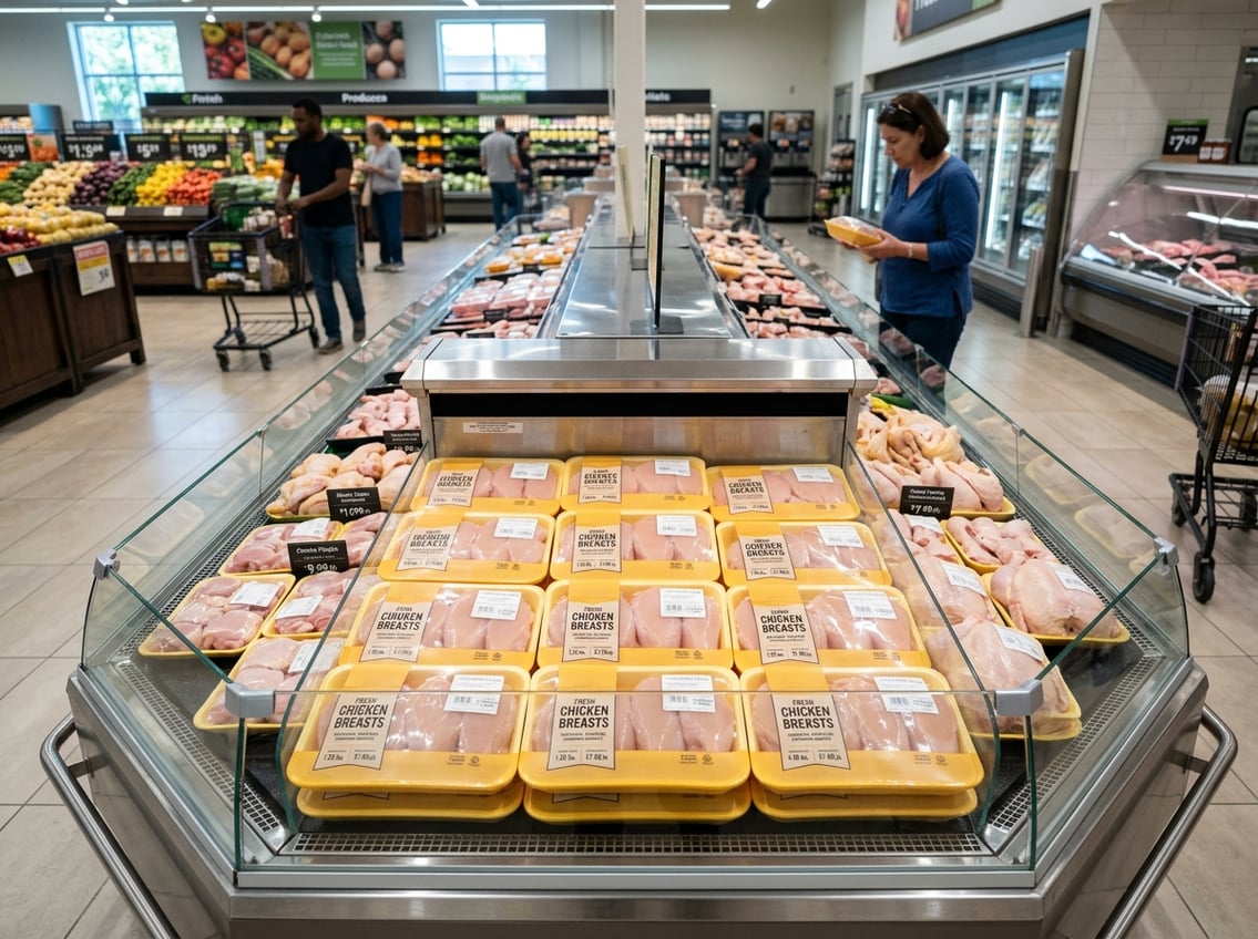 Fresh chicken breasts displayed in refrigerated cases at a supermarket meat section with shoppers browsing nearby.