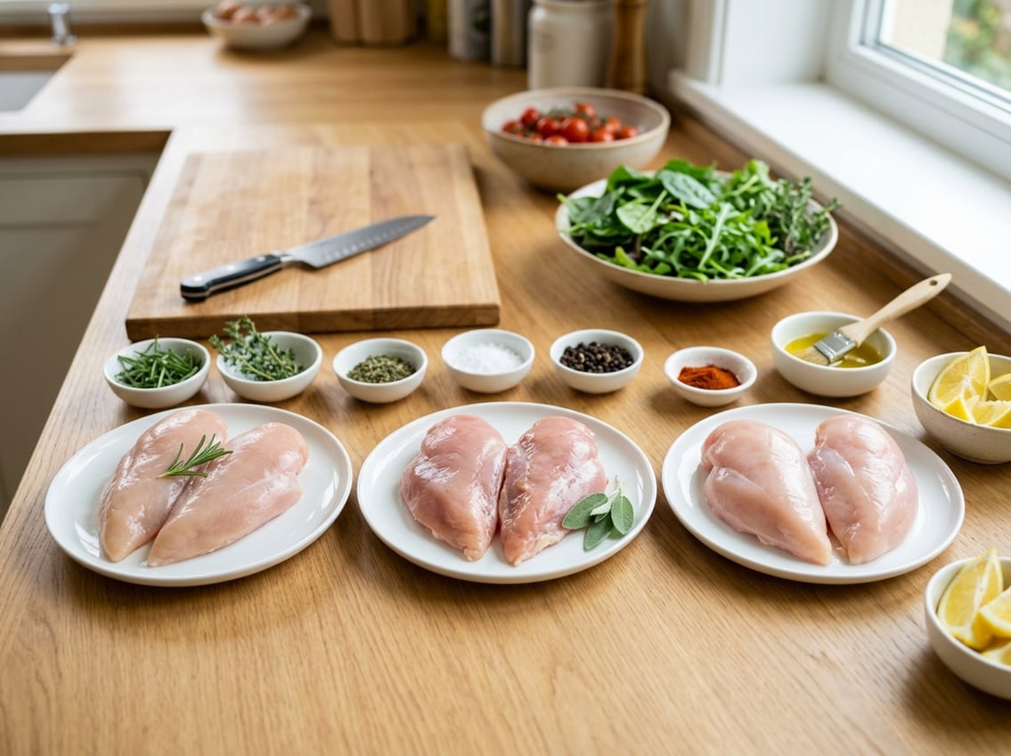 Various types of raw chicken breast arranged on plates on a kitchen countertop with herbs and cooking ingredients nearby.