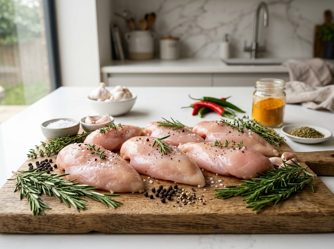 Fresh chicken breasts on a wooden cutting board with herbs and spices on a kitchen countertop.