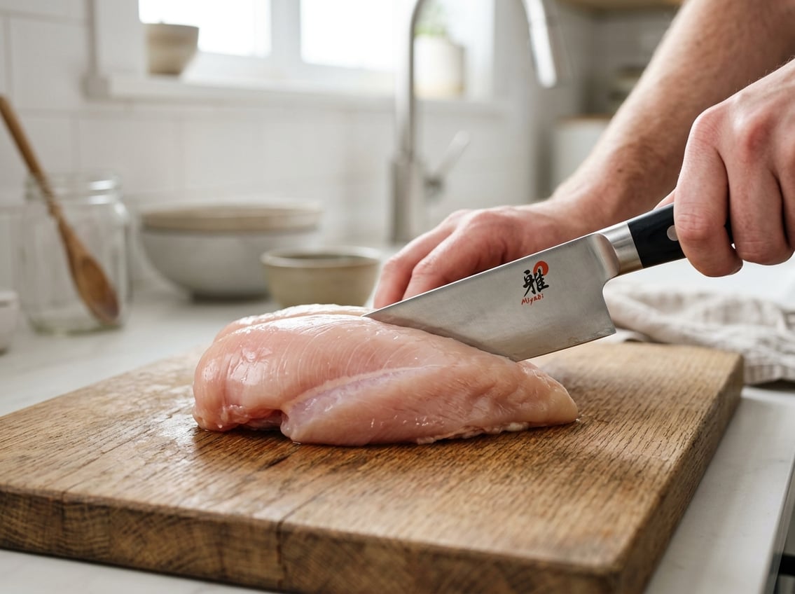 Close-up of a raw chicken breast on a cutting board with a knife positioned to start slicing.