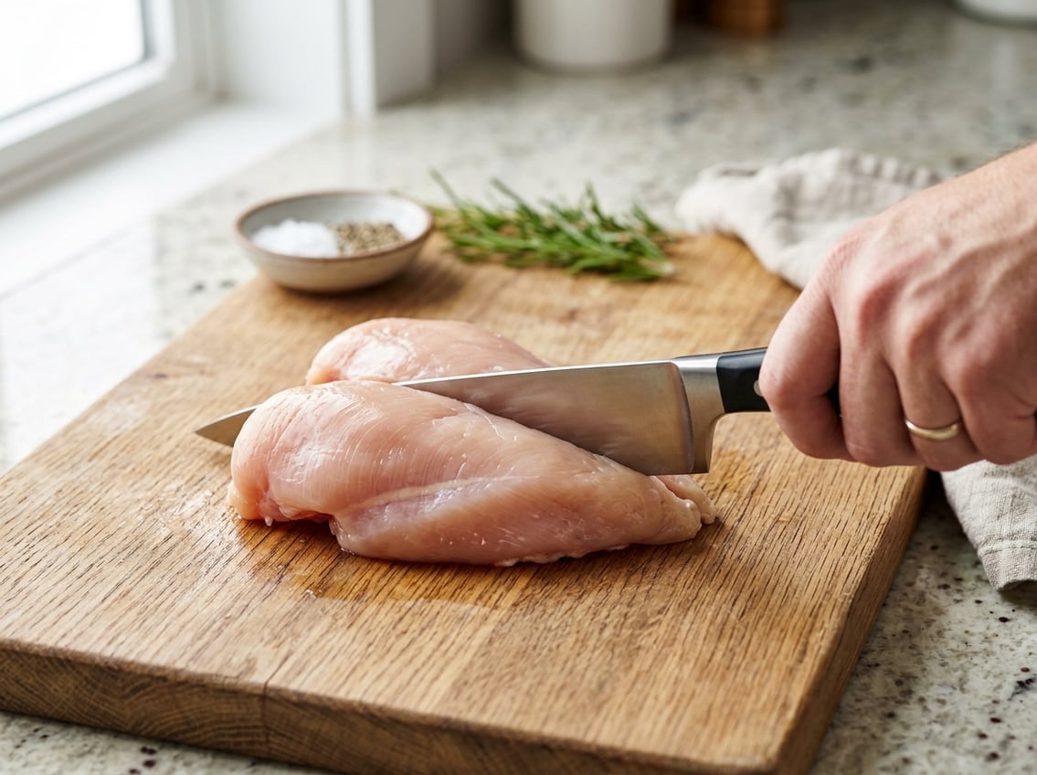 Close-up of a raw chicken breast on a wooden cutting board with a chef's knife positioned for slicing.