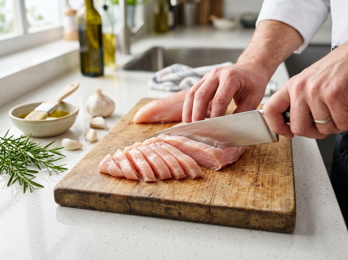Close-up of a hand slicing a raw chicken breast on a wooden cutting board with fresh ingredients nearby.