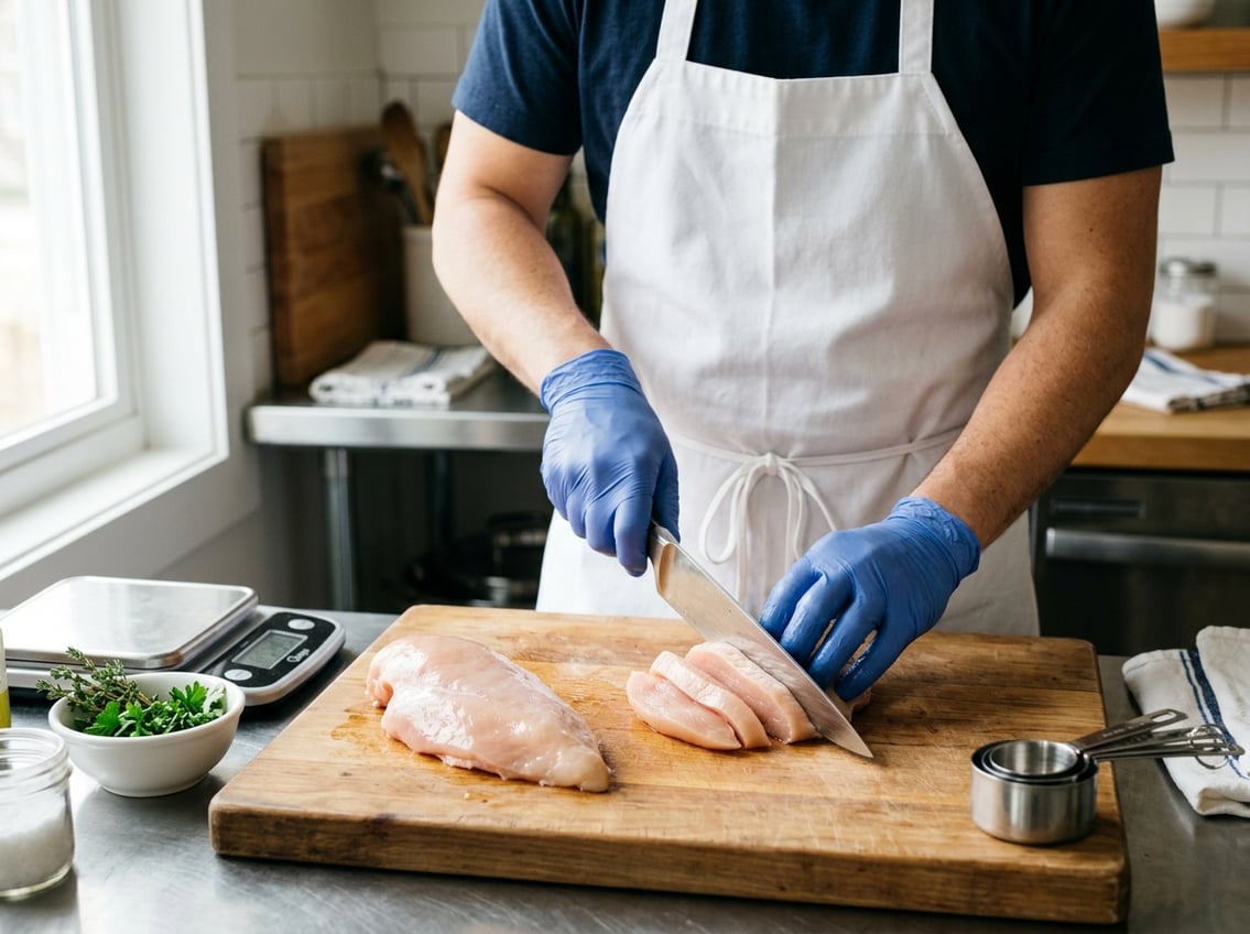 Person slicing a raw chicken breast on a wooden cutting board in a clean kitchen setting.