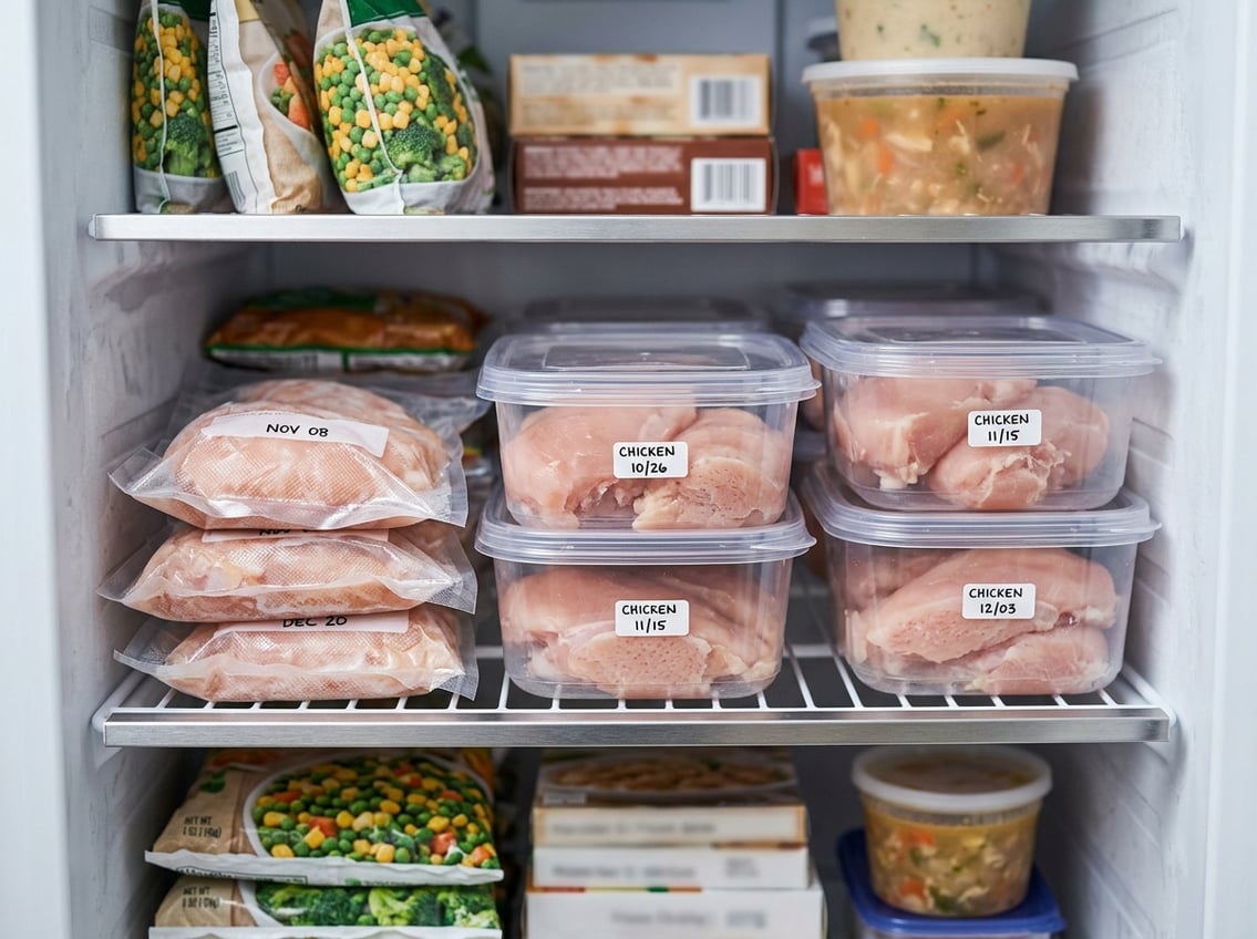 An open freezer with neatly organized containers and vacuum-sealed bags storing raw chicken breasts.