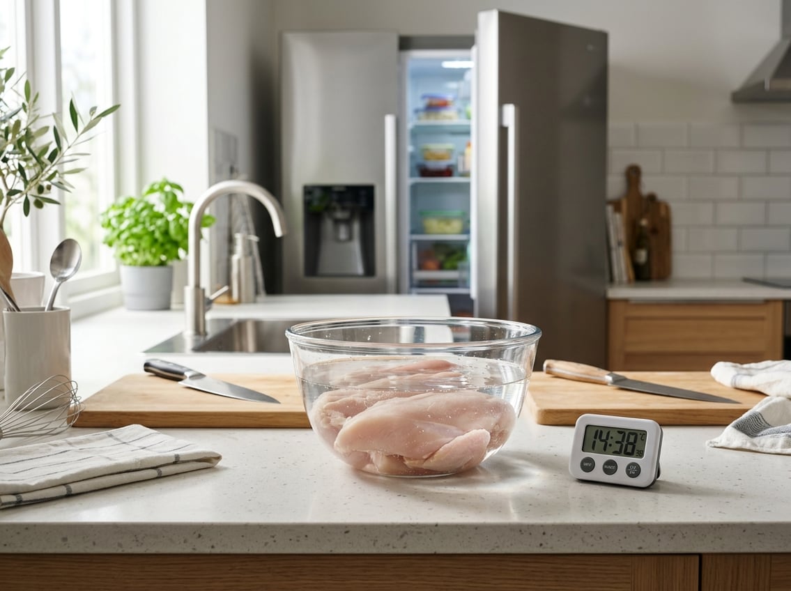 Raw chicken breasts thawing in a glass bowl of water on a kitchen countertop with a refrigerator in the background.