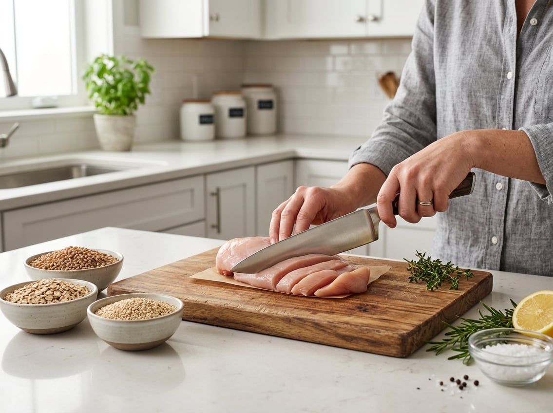A raw chicken breast on a wooden cutting board with a chef's knife positioned for cutting, surrounded by small bowls of grains on a kitchen countertop.