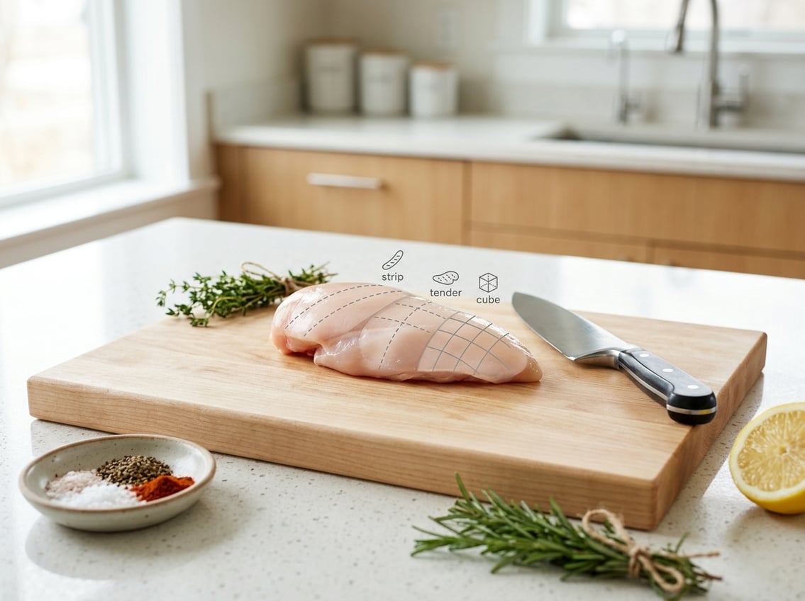 A raw chicken breast on a wooden cutting board with a chef's knife next to it, showing where to cut for strips, tenders, and cubes.