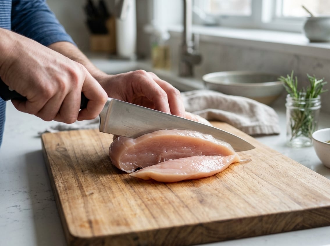 Close-up of a raw chicken breast on a wooden cutting board being sliced into thin, even pieces with a kitchen knife.