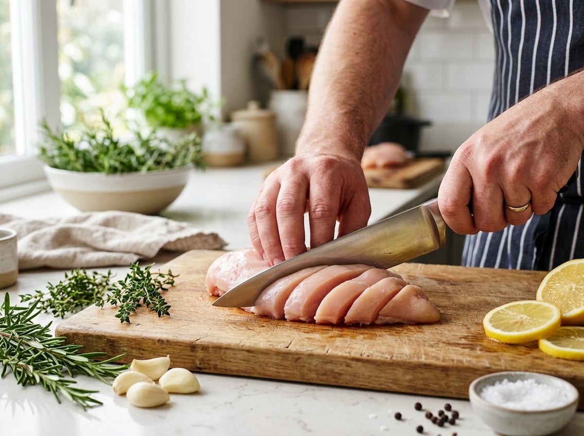 Close-up of a hand cutting a raw chicken breast on a wooden board with fresh ingredients nearby in a kitchen.