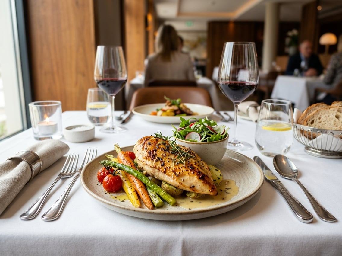 A plated chicken breast meal with vegetables on a table set in a warm and inviting restaurant dining area.