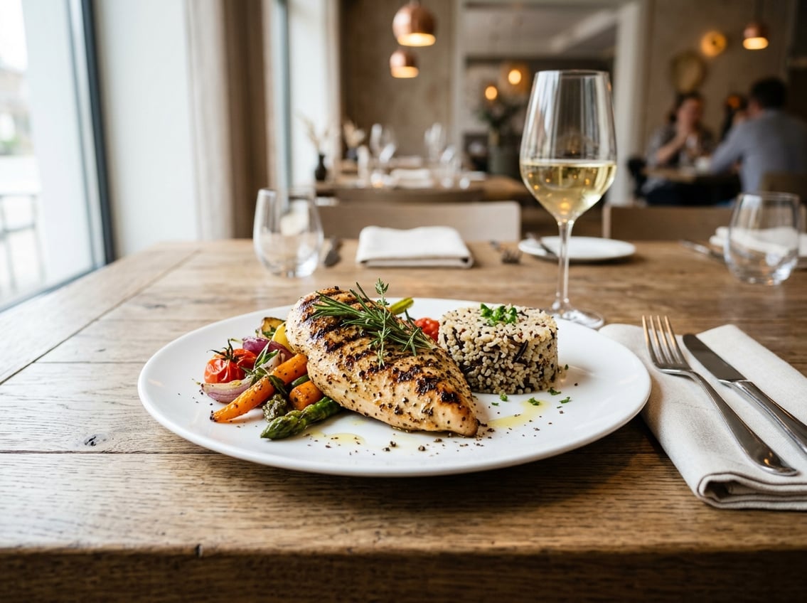 A plated grilled chicken breast with roasted vegetables and a side of quinoa on a wooden table in a restaurant setting.