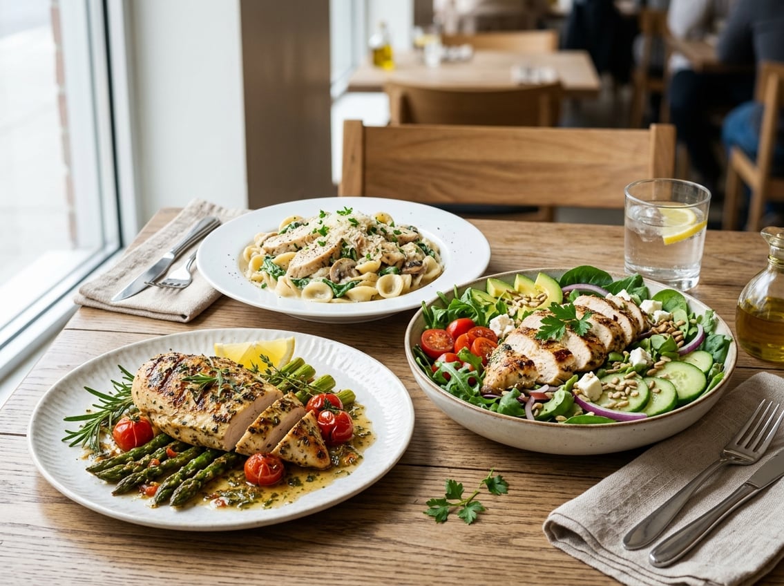 A table displaying several dishes featuring chicken breast, including grilled chicken, chicken salad, and chicken pasta.