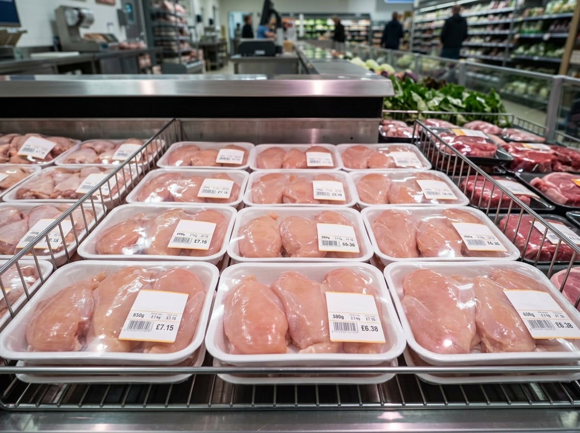 Fresh chicken breasts displayed in clear plastic trays on a refrigerated shelf in a grocery store meat section.