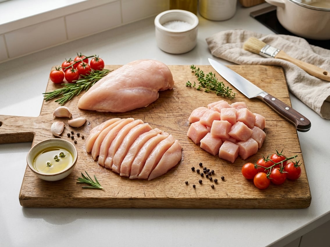 Three different chicken breast cuts on a wooden cutting board with fresh herbs and ingredients on a kitchen countertop.