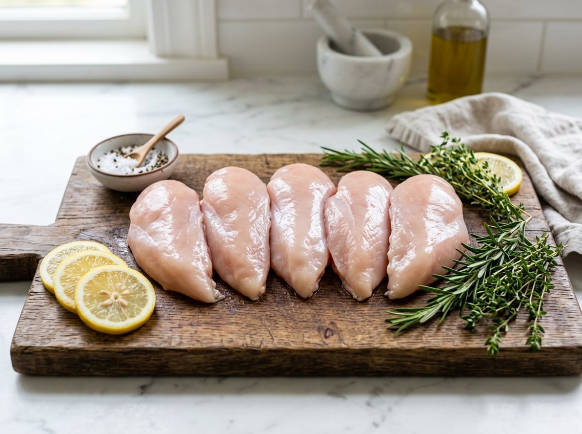 Close-up of fresh raw chicken breasts on a wooden cutting board with herbs, lemon slices, and seasoning nearby on a kitchen countertop.