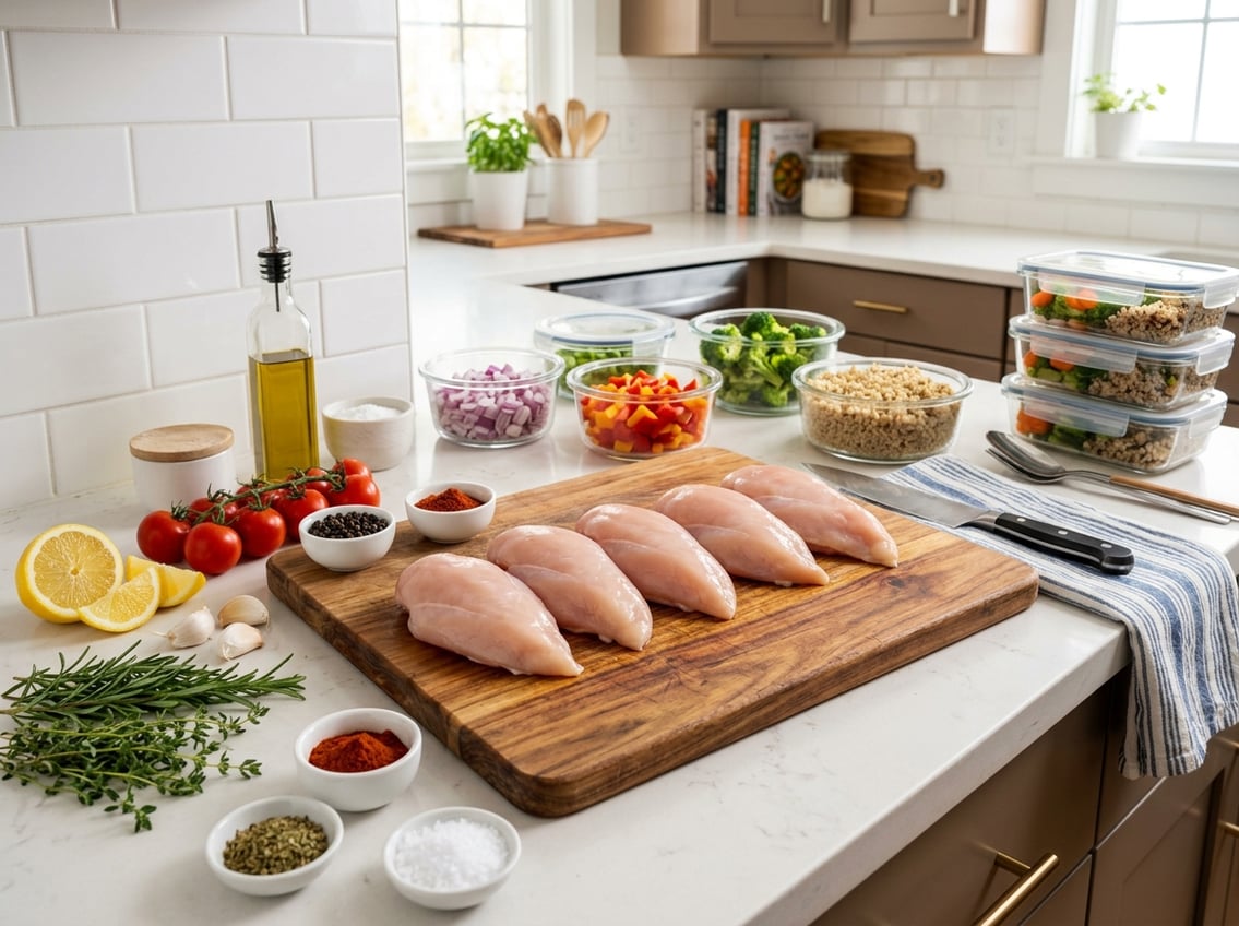 Raw chicken breasts on a wooden cutting board surrounded by fresh ingredients and meal prep containers on a kitchen countertop.
