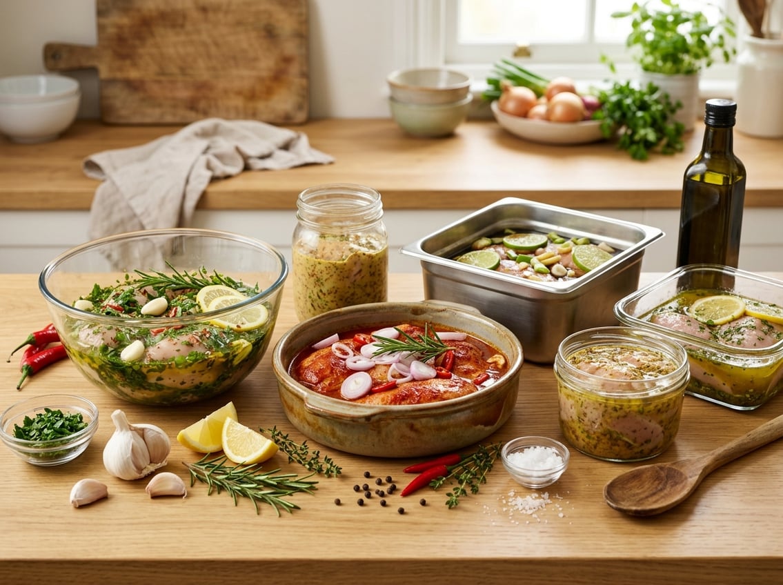Several containers with raw chicken breasts marinating in colorful mixtures surrounded by fresh herbs and ingredients on a kitchen countertop.
