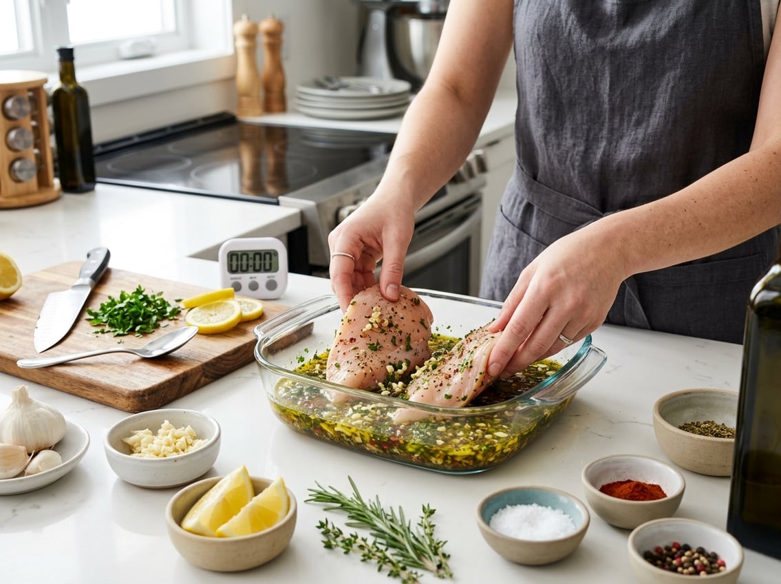 Hands placing raw chicken breasts into a glass container with marinade surrounded by fresh herbs and spices on a kitchen countertop.