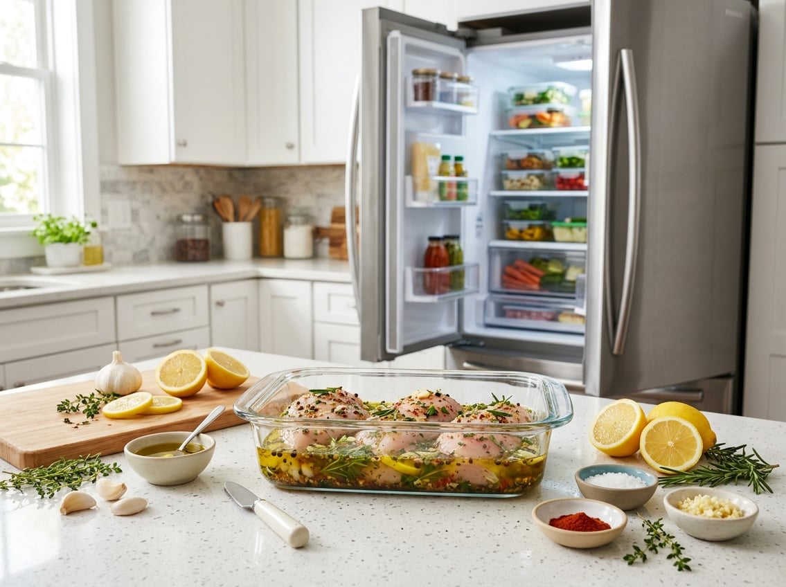 Raw chicken breasts marinating in a glass container with herbs and spices on a kitchen countertop, with a freezer in the background.