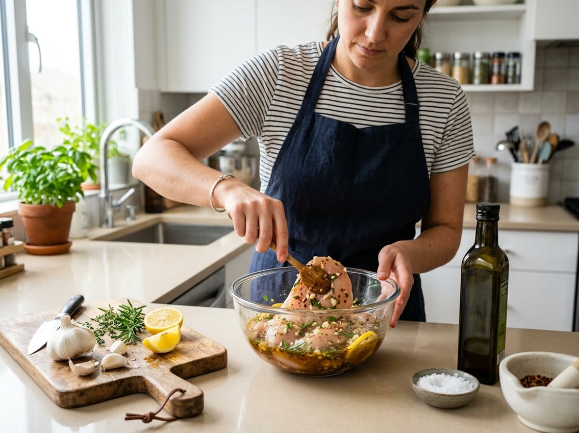 Person marinating chicken breasts in a glass bowl with fresh herbs and ingredients on a kitchen countertop.