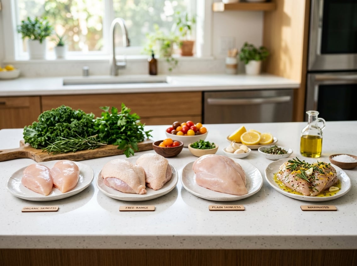 Various types of raw chicken breasts on white plates surrounded by fresh vegetables on a kitchen countertop.