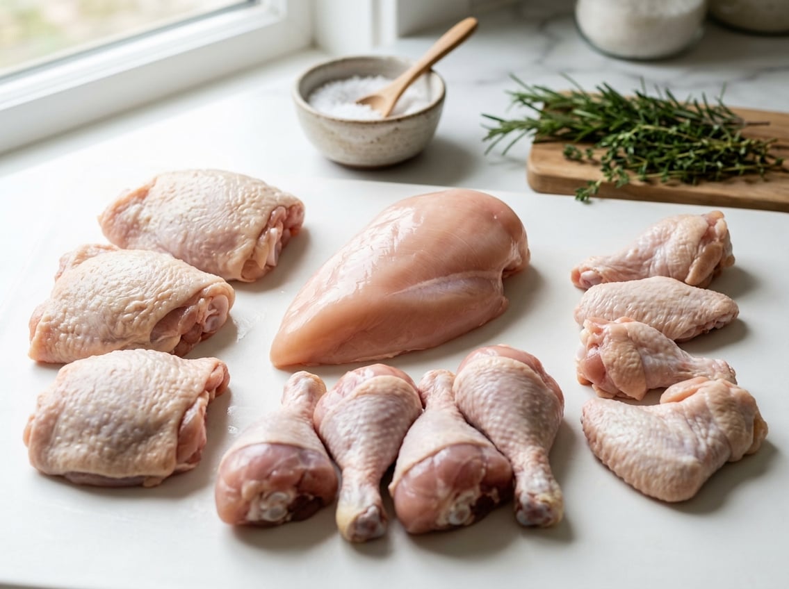 Various raw chicken cuts including a chicken breast, thighs, drumsticks, and wings arranged on a white surface with fresh herbs nearby.