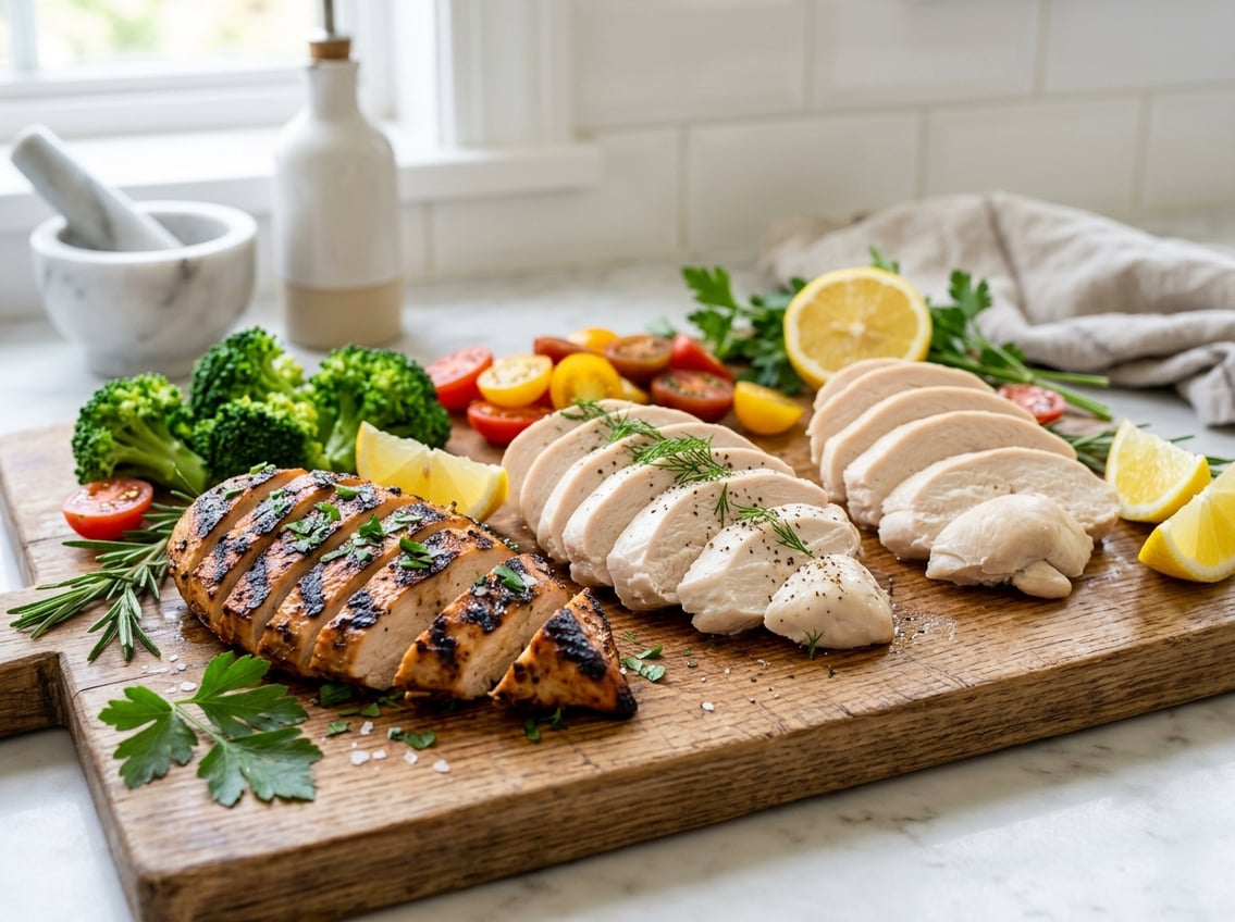 Assorted cooked chicken breast pieces prepared with healthy methods displayed with fresh herbs and vegetables on a wooden board.
