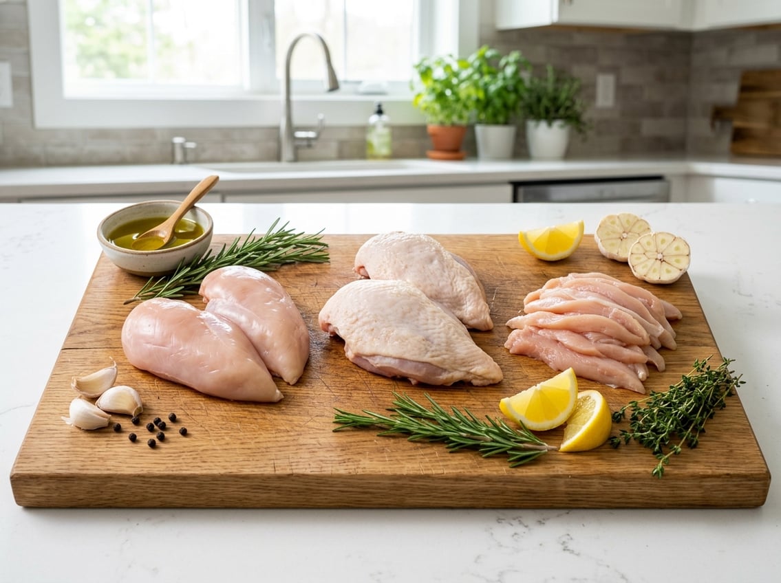Various raw chicken breast cuts displayed on a wooden cutting board with fresh herbs, garlic, and lemon wedges in a bright kitchen setting.