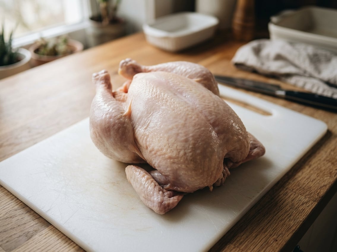 A raw whole chicken on a cutting board with the breast section clearly visible.