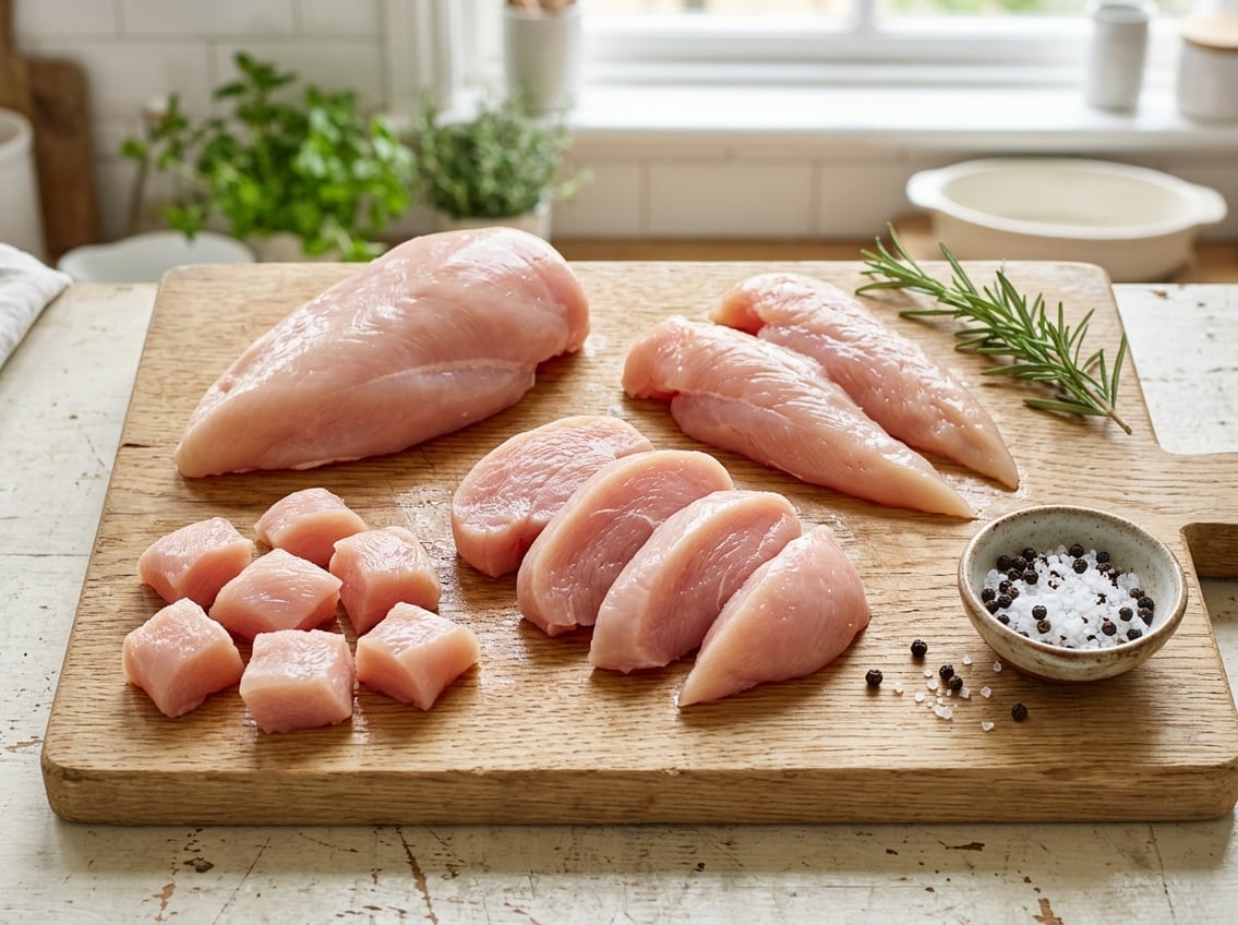 Various raw chicken breast cuts arranged on a wooden cutting board with herbs and spices nearby.