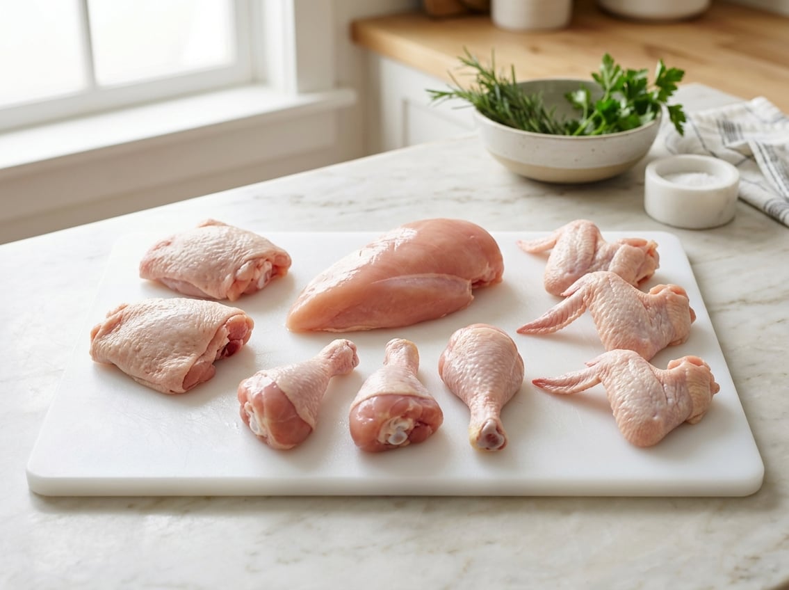 Raw chicken breast on a cutting board surrounded by other chicken cuts including thighs, drumsticks, and wings in a kitchen setting.