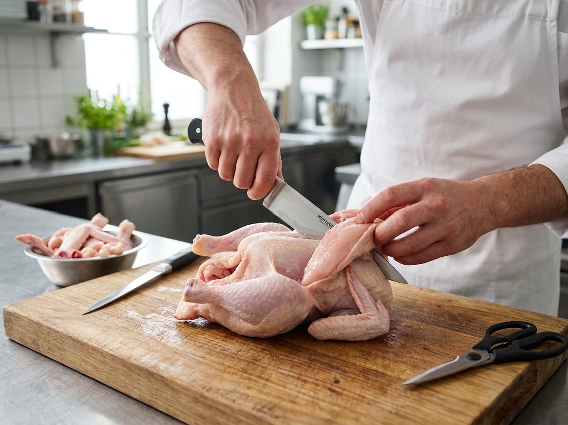 Close-up of hands breaking down a whole chicken, focusing on separating the chicken breast on a wooden cutting board with kitchen tools nearby.