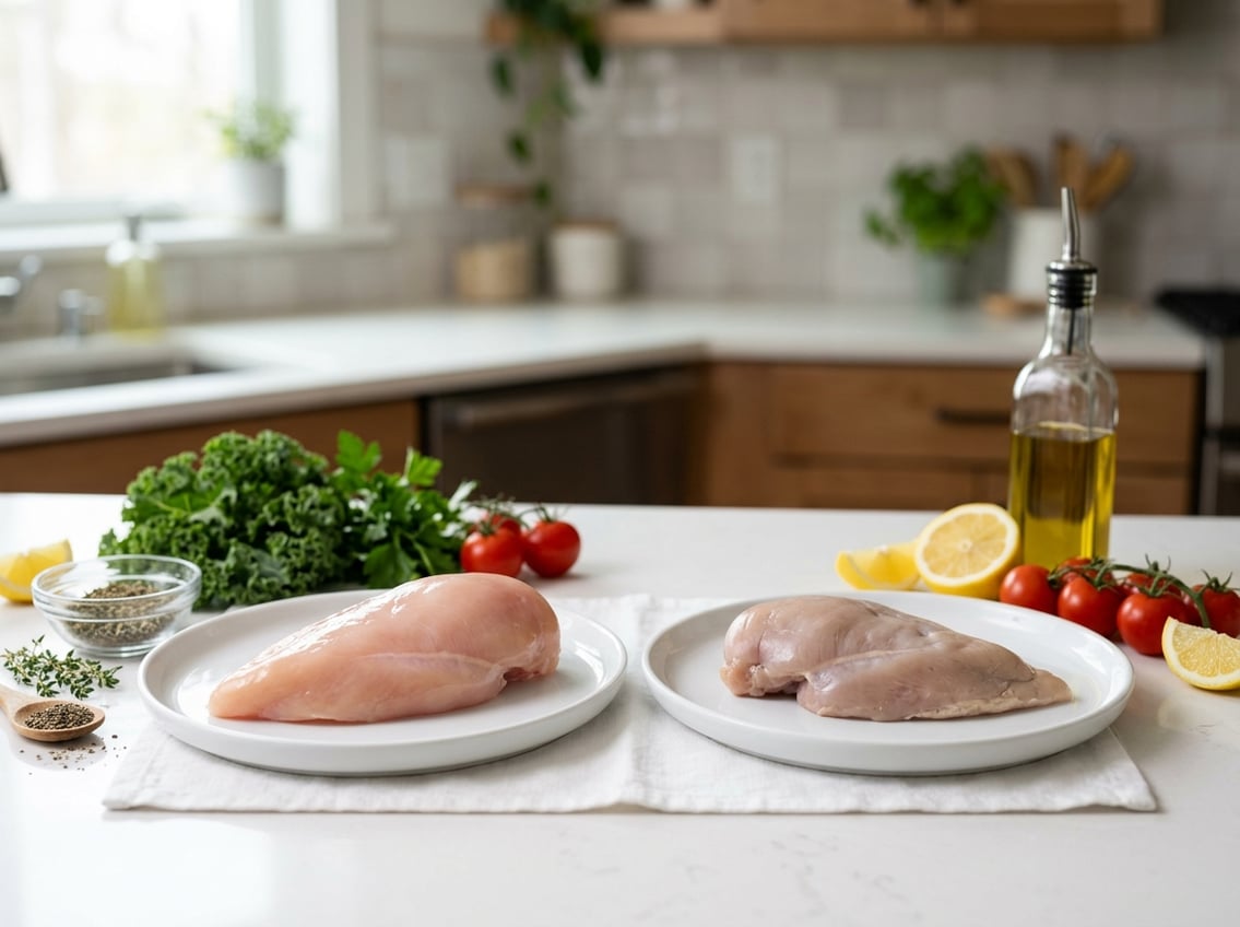 Two raw chicken breasts on separate plates on a kitchen counter with fresh vegetables and seasoning around them.