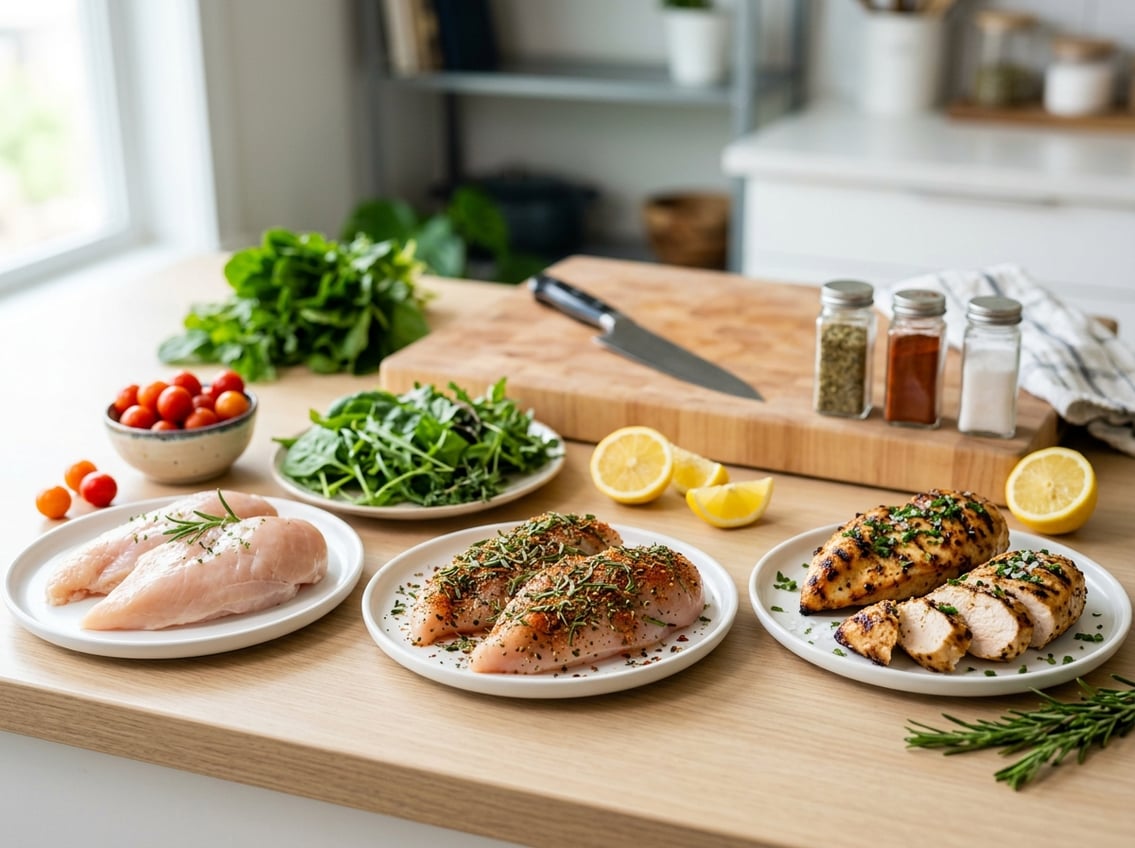 A kitchen countertop with various fresh chicken breasts displayed alongside vegetables and herbs, showing healthy food preparation.