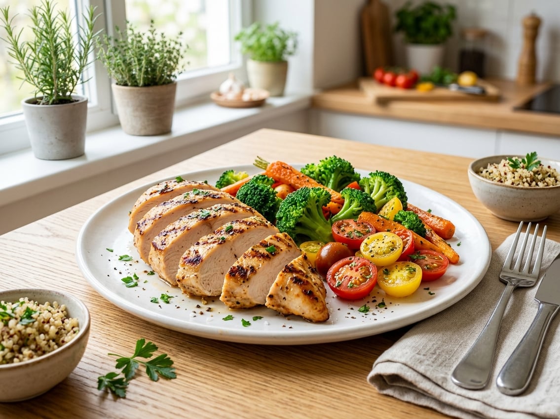 A plate with sliced grilled chicken breast and fresh steamed vegetables on a table.