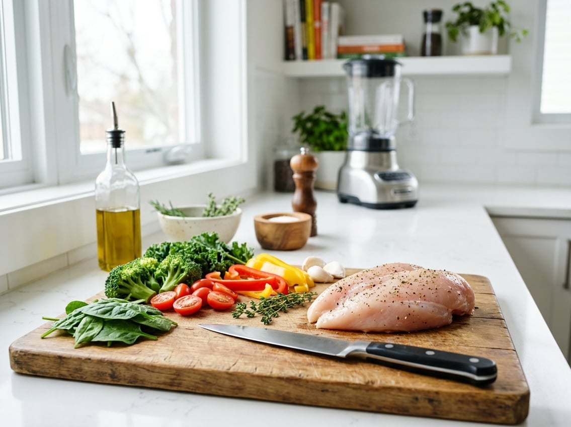 Fresh raw chicken breast on a wooden cutting board surrounded by colorful vegetables in a bright kitchen.