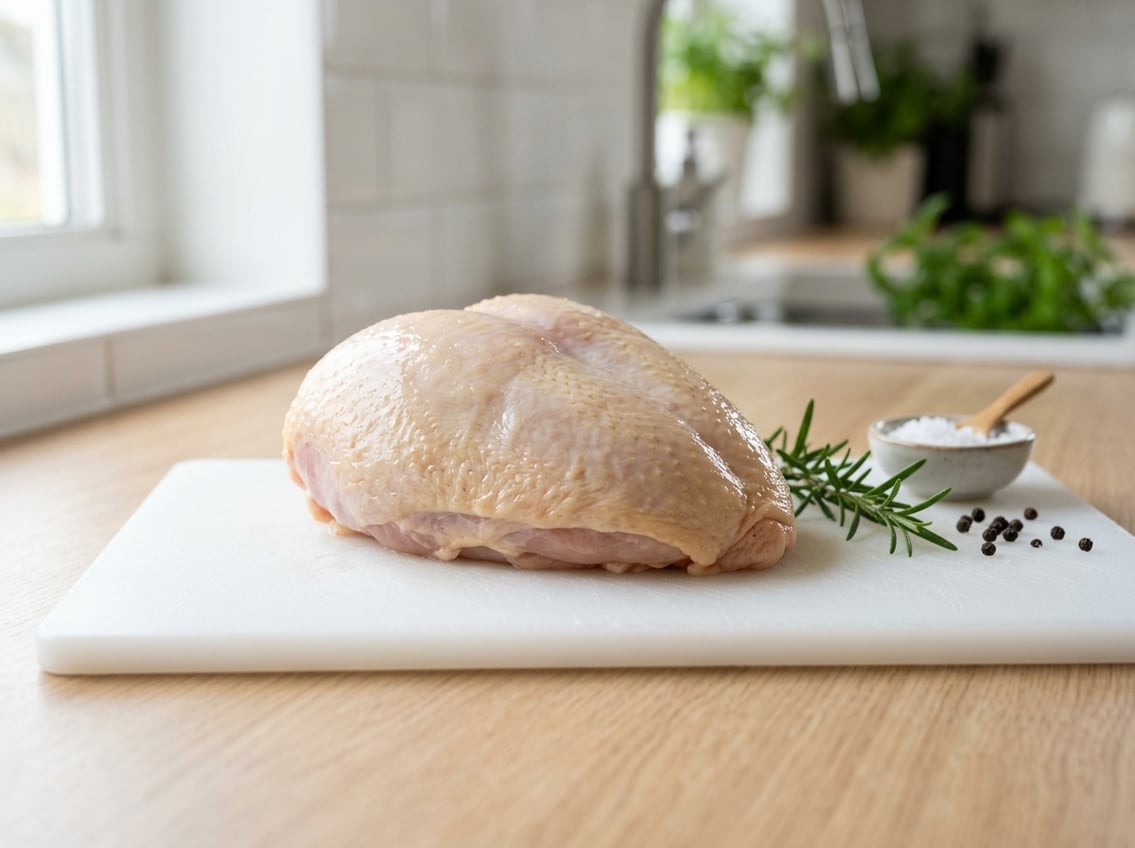 A whole raw chicken breast placed skin side up on a white cutting board with rosemary and peppercorns nearby.