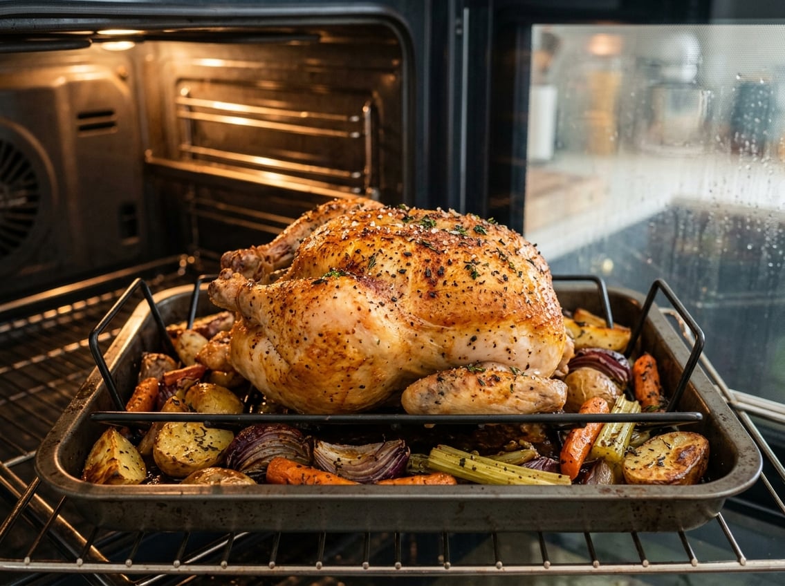 A whole roasted chicken breast side up in a roasting pan with vegetables inside an oven.